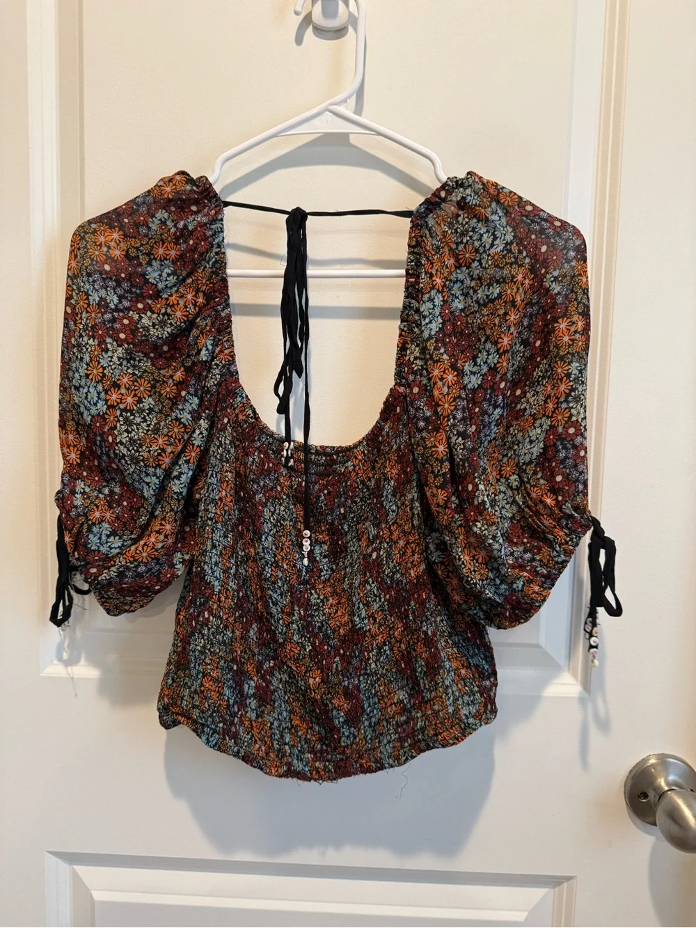 Free People Smocked Floral Peasant Blouse Top Boho Balloon Sleeve Size Small